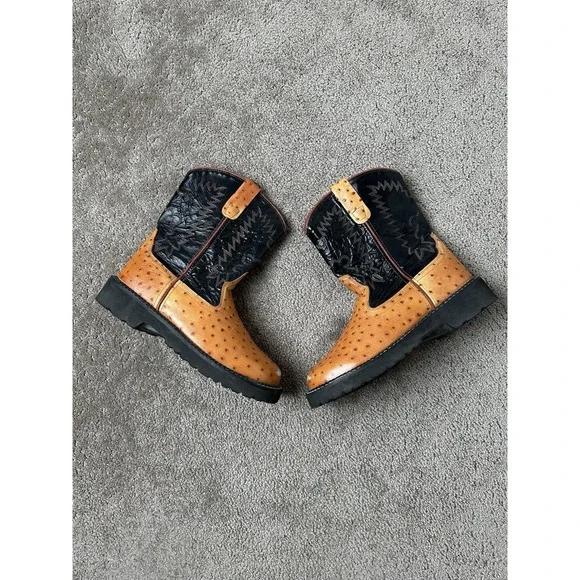 Young Cowboy Western Boots Old West Ostrich Boots Brown Leather, Size 070, US 7 - Picture 1 of 6